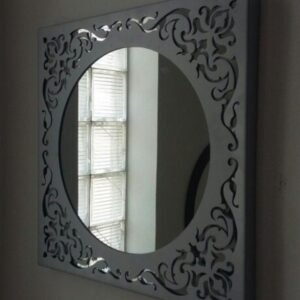 Ornate Carved Wall Mirror – Square Frame with Circular Glass Center